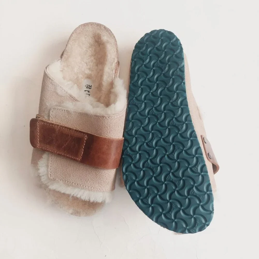 Birkenstock Size 2 Kyoto Teddy Kids Suede Sandals Shearling Lined EU 33 Beige